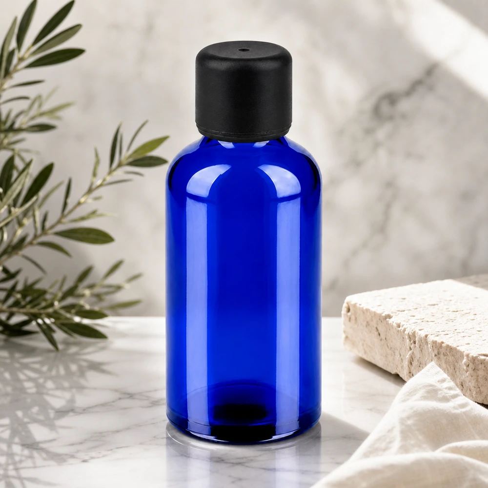 Flacon 50ml 6mm SV noir STD BlueLine UT18/50 Portion pratique de 50 ml dans un bleu élégant avec un bouchon sûr pour une utilisation quotidienne