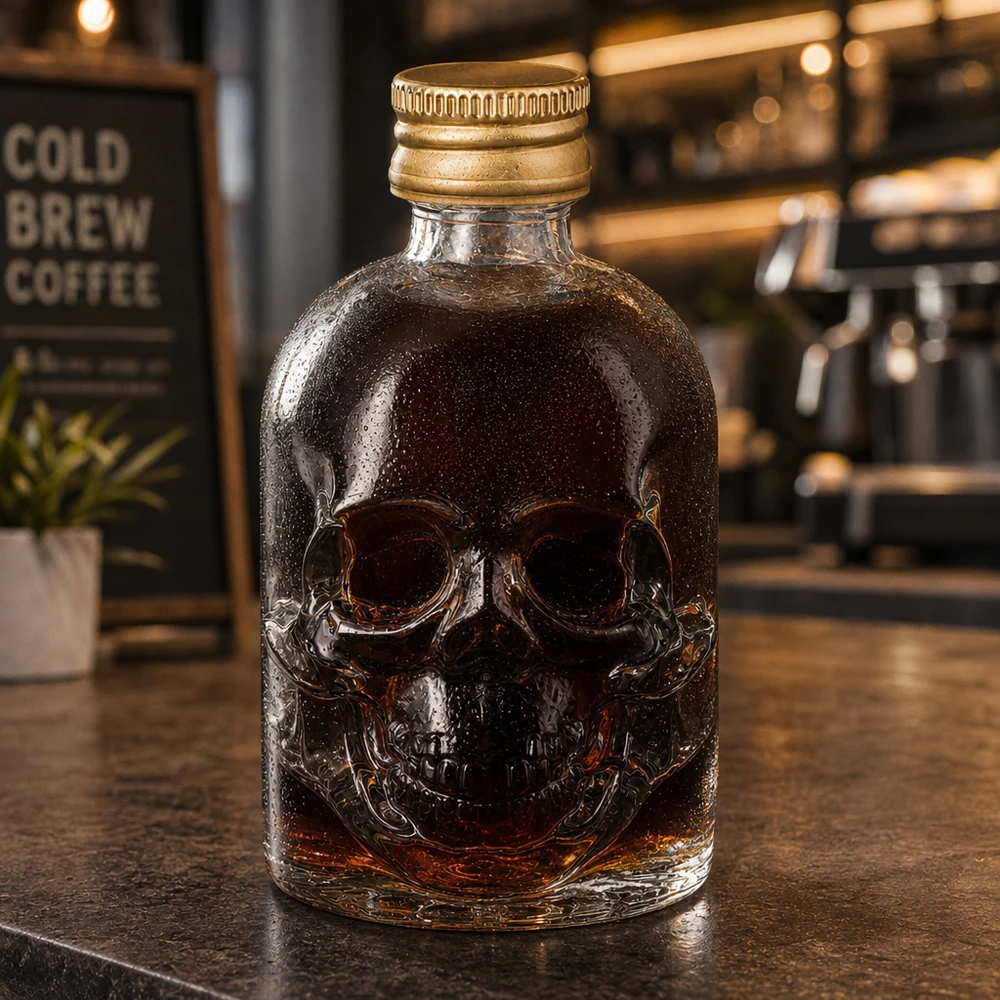 Bouteille en verre 50 ml « Hector » et bouchon à vis doré UNiTWIST® Bouteille en verre de 50ml Hector avec relief de tête de mort et bouchon à vis doré dans une atmosphère de café avec Cold Brew Coffee