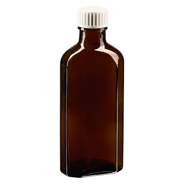 Flasque brune de 100 ml au goulot DIN 22, avec bouchon à vis DIN 22 blanc en PP Flasque brune de 100 ml au goulot DIN 22, avec bouchon à vis DIN 22 blanc en PP