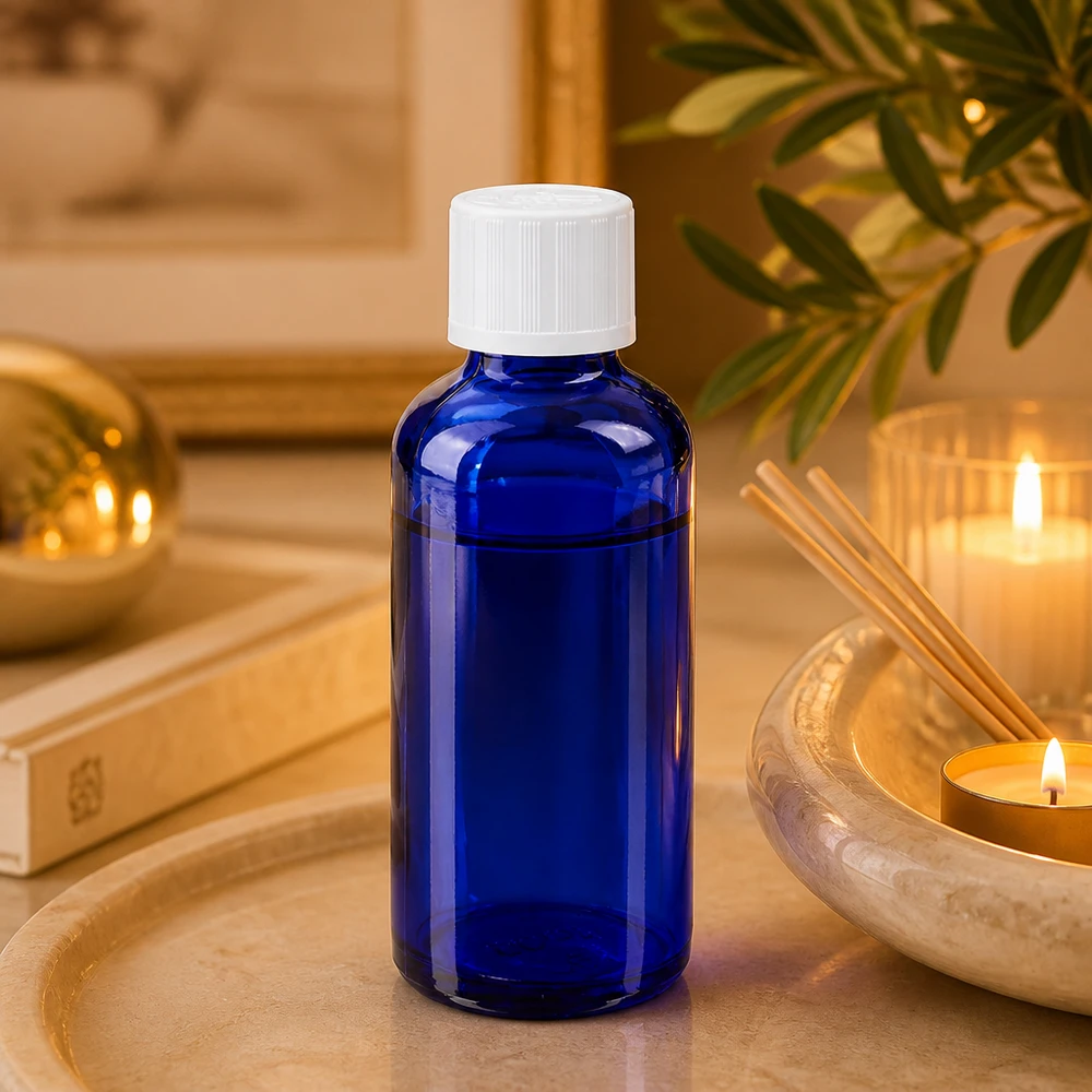 Flacon de pharmacie bleu cobalt de 50 ml avec bouchon KiSi blanc, à côté de bougies parfumées et de bâtonnets parfumés