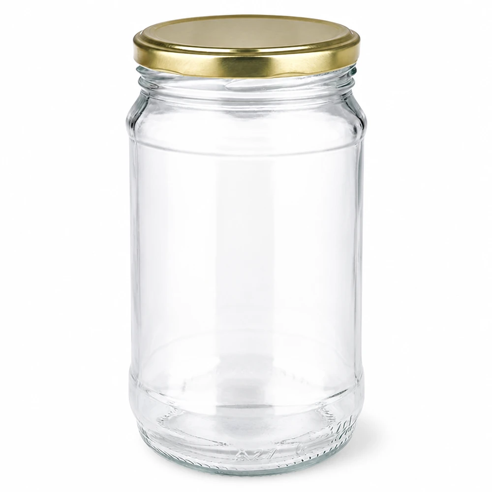 Bocal rond en verre de 370 ml + BasicSeal gold UNiTWIST Bocal rond en verre transparent de 370 ml avec couvercle à vis doré BasicSeal, idéal pour les conserves et le stockage