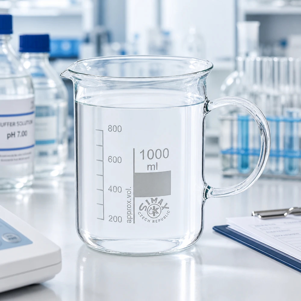 Bécher avec poignée 1000ml en verre borosilicate résistant à la chaleur (forme normale) Bécher de 1 000 ml avec anse dans un environnement de laboratoire professionnel, avec des tubes à essai en arrière-plan