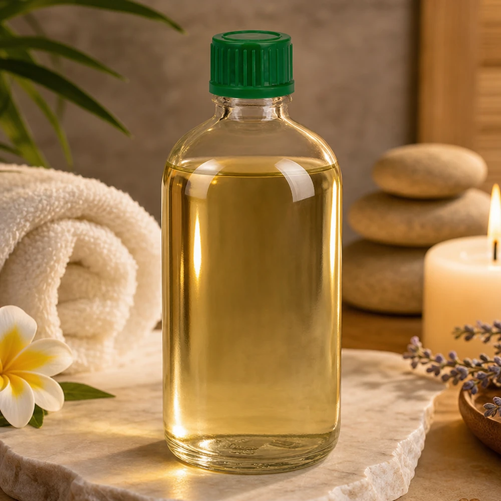Huile de massage en flacon en verre ClearLine de 100 ml, modèle UT18/100, avec bouchon de sécurité enfant vert de 11 mm SV