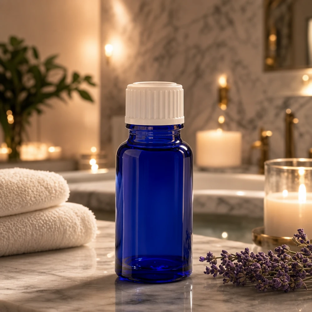 Flacon de pharmacie bleu de 10 ml posé à côté de fleurs de lavande et de bougies sur une surface en marbre