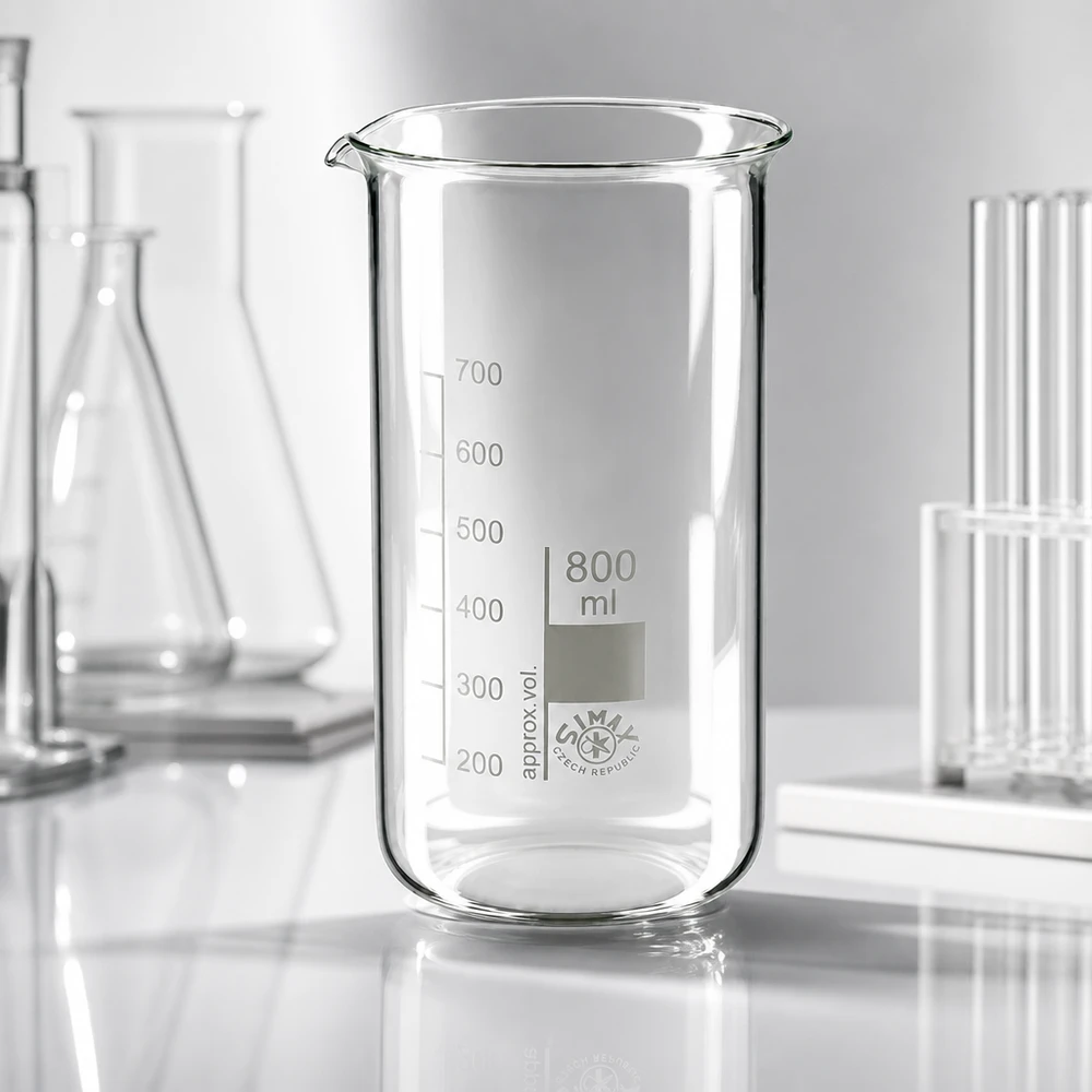 Bécher 800ml en verre borosilicate résistant à la chaleur (forme haute) Bécher de 800 ml, de forme haute, avec un fond à paroi épaisse et une graduation précise en millilitres, destiné aux laboratoires