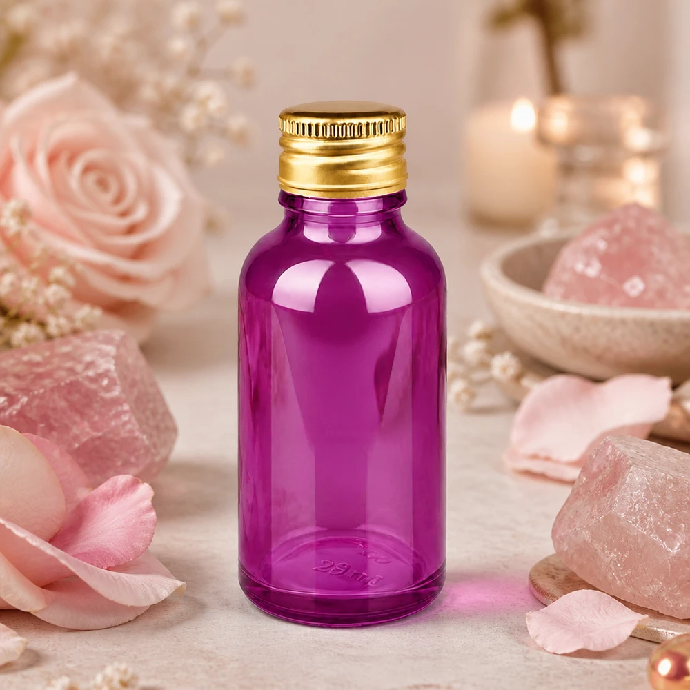 Flacon 30ml bouchon à visser 11mm alu-or standard PurpleLine. UT18/30 Flacon pourpre pratique de 30 ml au design ergonomique pour une utilisation facile dans le spa et le bien-être