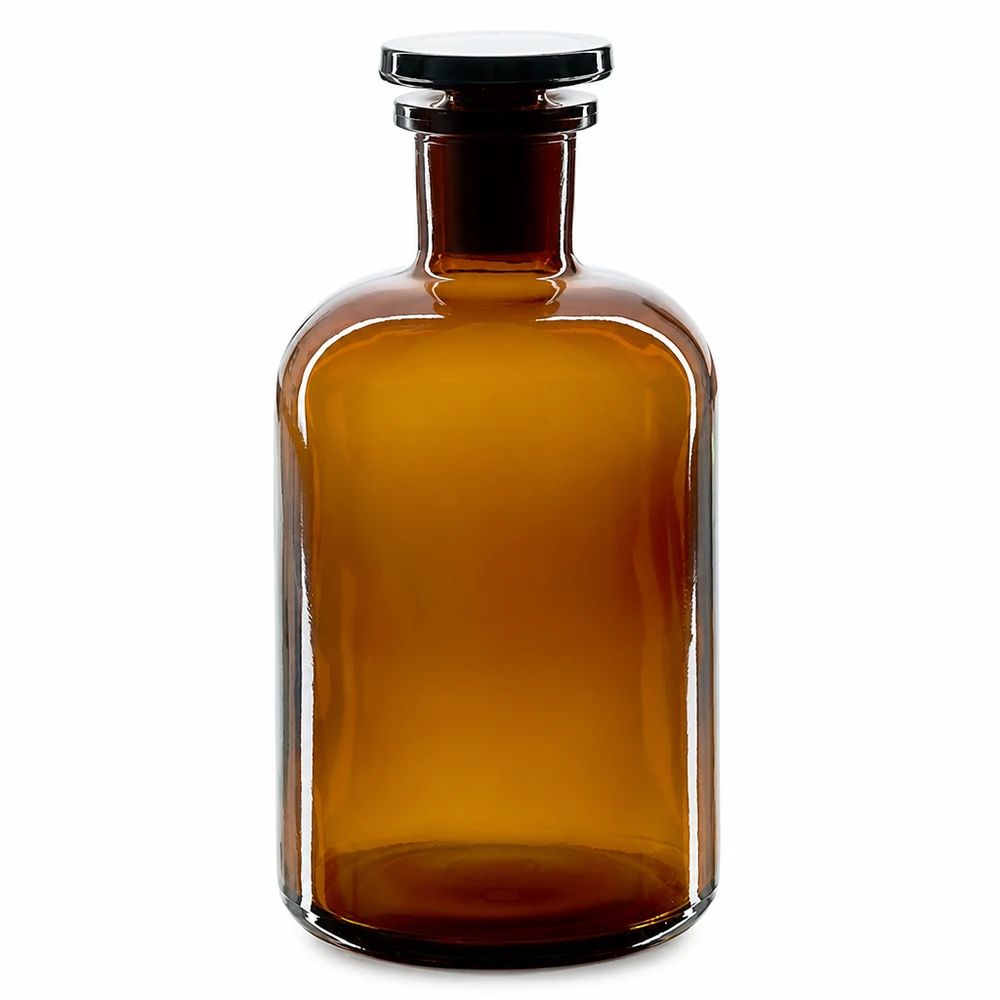 Flacon pharmaceutique 500 ml col étroit en verre ambré + bouchon Flacon de pharmacie de 500 ml, en verre brun, à col étroit, avec bouchon en verre assorti