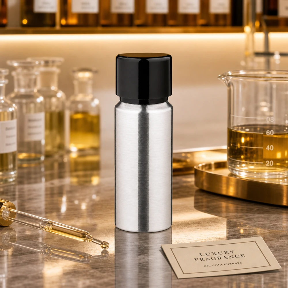 Bouteille en aluminium poncé 20 ml, avec bouchon à vis noir et joint conique Bouteille professionnelle en aluminium de 20 ml avec surface réfléchissante parfaite pour les applications d'aromathérapie