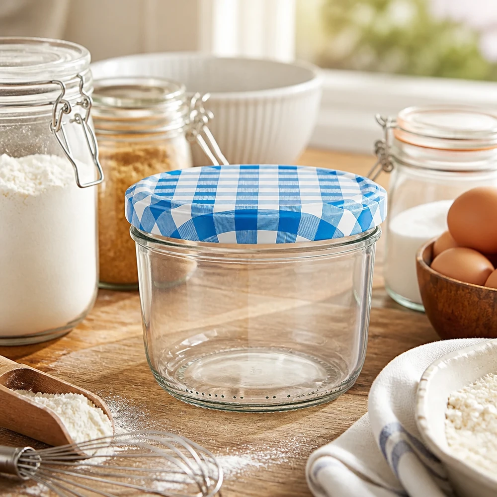 230ml Verre conique avec couvercle BasicSeal bleu/blanc UNiTWIST Verre renversé de 230 ml avec couvercle BasicSeal à carreaux bleus et blancs sur une table en bois entre les ingrédients de cuisson et les œufs