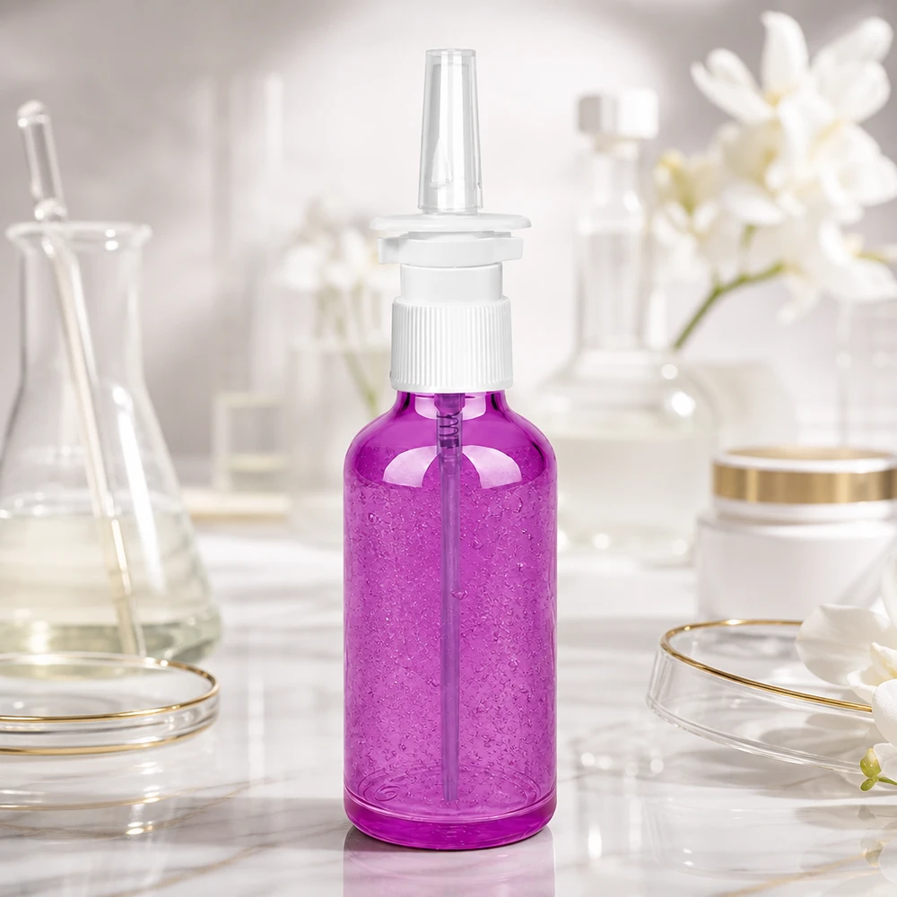Vaporisateur nasal de 50ml blanc/transparent standard PurpleLine. UT18/50 Bouteille de spray nasal violette de 50 ml avec tête de pulvérisation blanche - idéale pour les applications pharmaceutiques