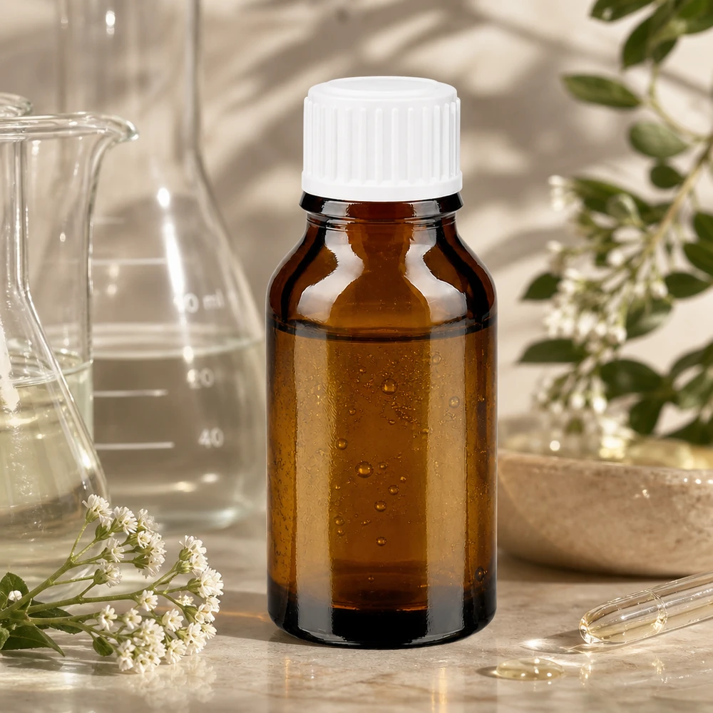 Flacon en verre ambré avec protection UV, 30 ml, muni d'un bouchon à vis blanc, pour les cosmétiques naturels et les sérums