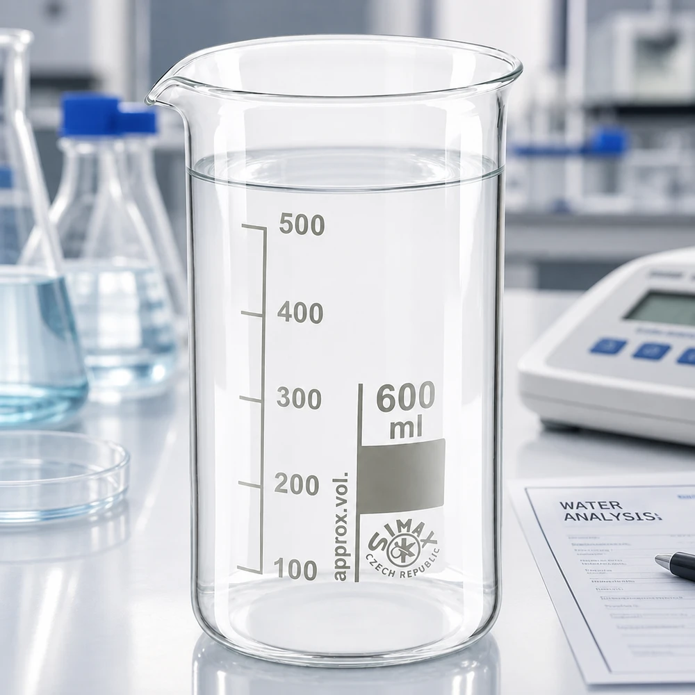Bécher 600ml en verre borosilicate résistant à la chaleur (forme haute) Bécher en verre transparent de 600 ml, de forme haute, contenant un échantillon d'eau, à côté d'un appareil de mesure numérique dans un laboratoire