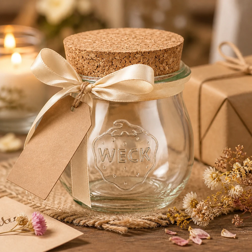 WECK Pot tulipe 75ml décoré avec un ruban et une étiquette cadeau comme idée de cadeau avec bouchon en liège naturel