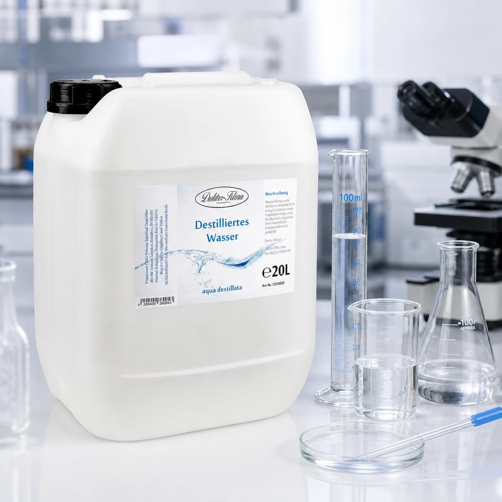 Eau distillée Doktor Klaus - Aqua dest 20 litres en jerrican premium teinte naturelle 20L d'eau distillée Docteur-Klaus dans un environnement de laboratoire transparent avec des instruments en verre et un microscope