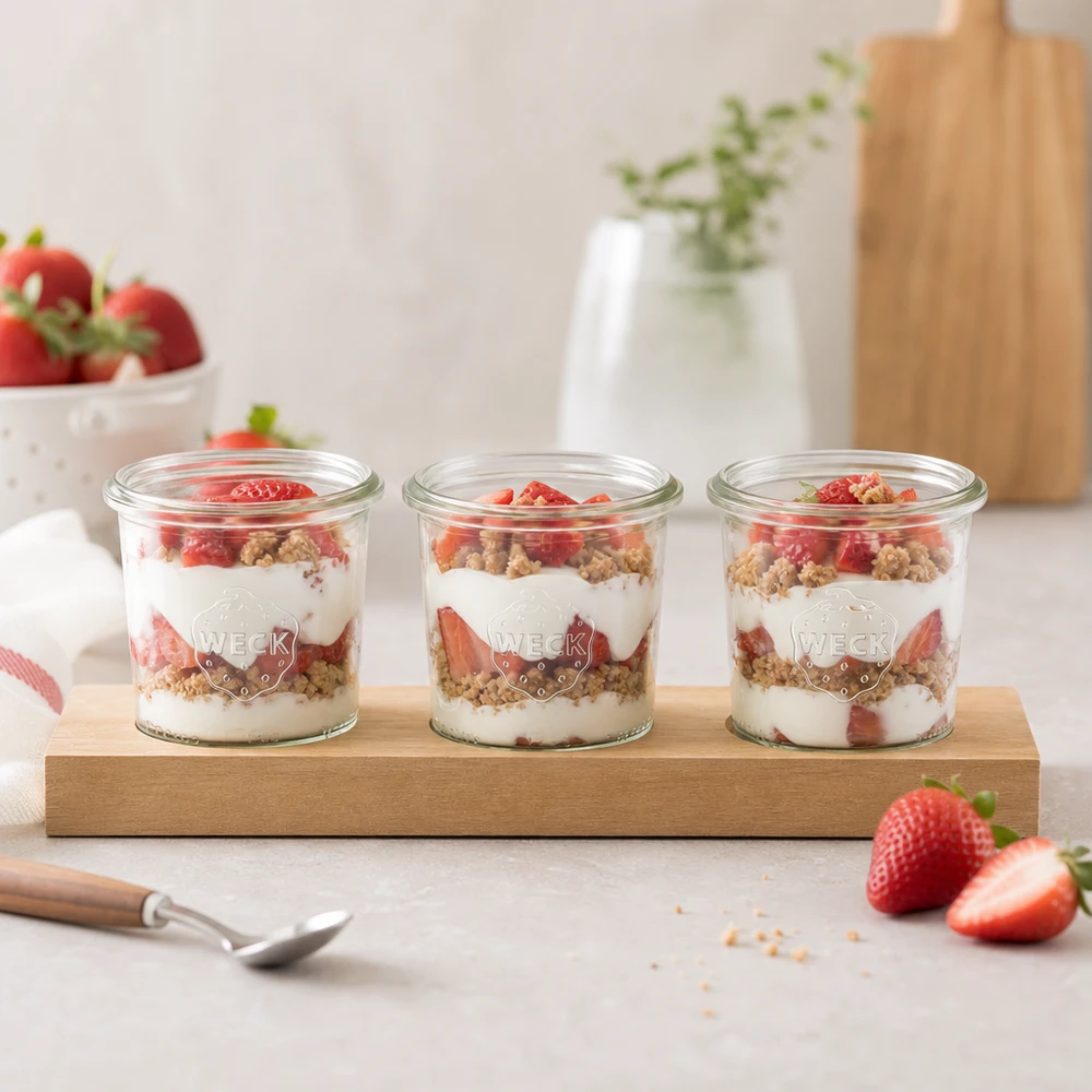 WECK Verres 140ml avec dessert stratifié au yaourt et aux fraises sur planche à servir en bois Plano3 prêt pour le petit déjeuner