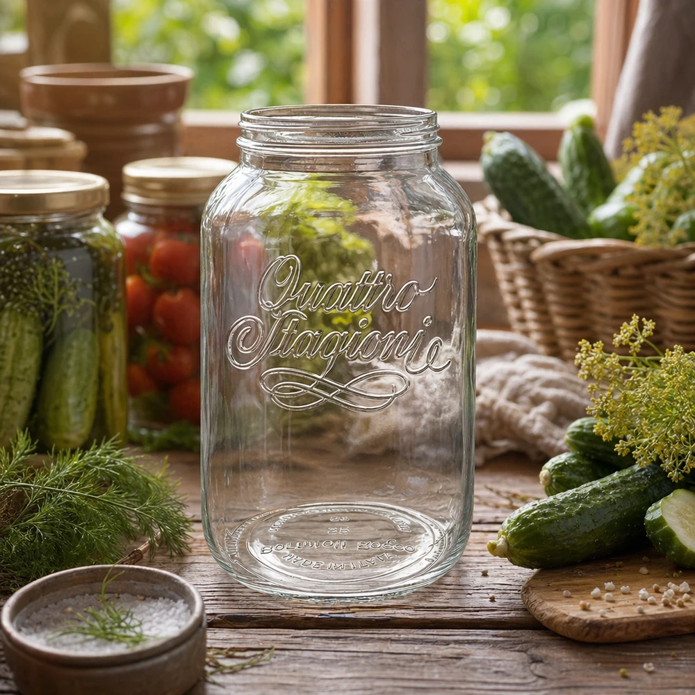 3800ml Quattro Stagioni Bocal vide sur table en bois avec cornichons et aneth pour la mise en bocaux et la conservation