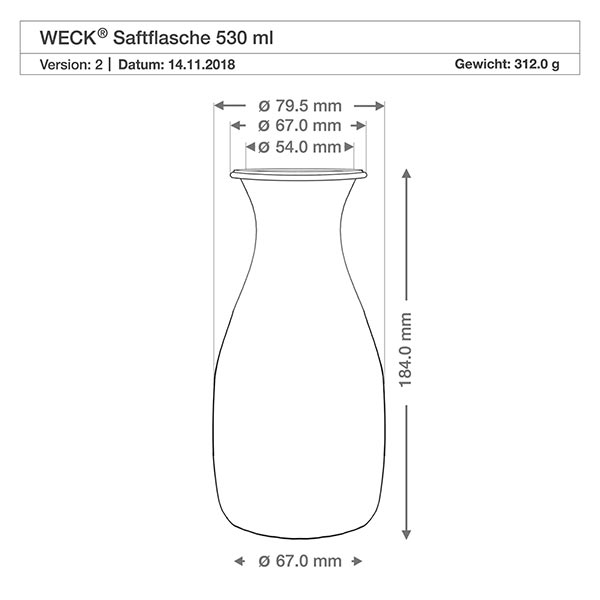 Lot de 24 pots Weck 530ml bouteille de jus avec 24 couvercles en verre Dessin technique de la bouteille de jus de fruits WECK 530ml avec les dimensions Diamètre 67mm Hauteur 184mm Poids 312g