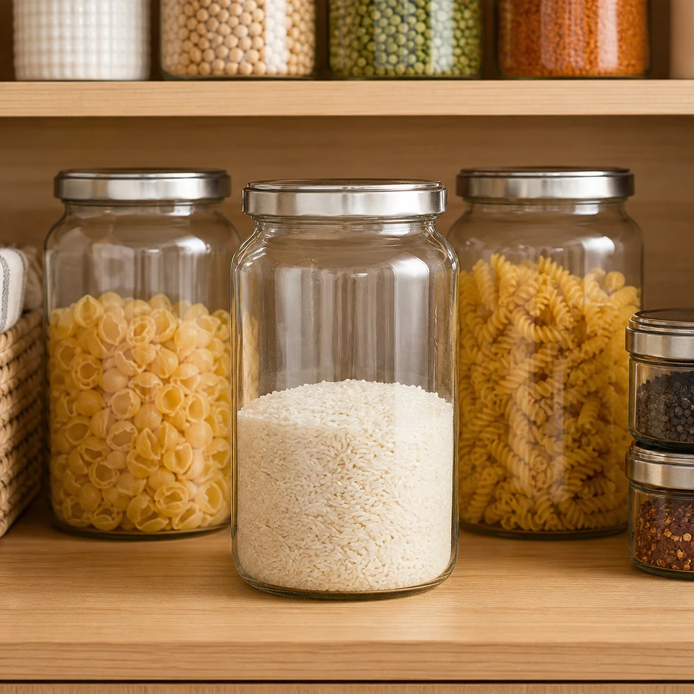 Bocal rond de 795 ml avec couvercle BasicSeal rempli de riz dans une cuisine organisée à côté des pâtes et des épices