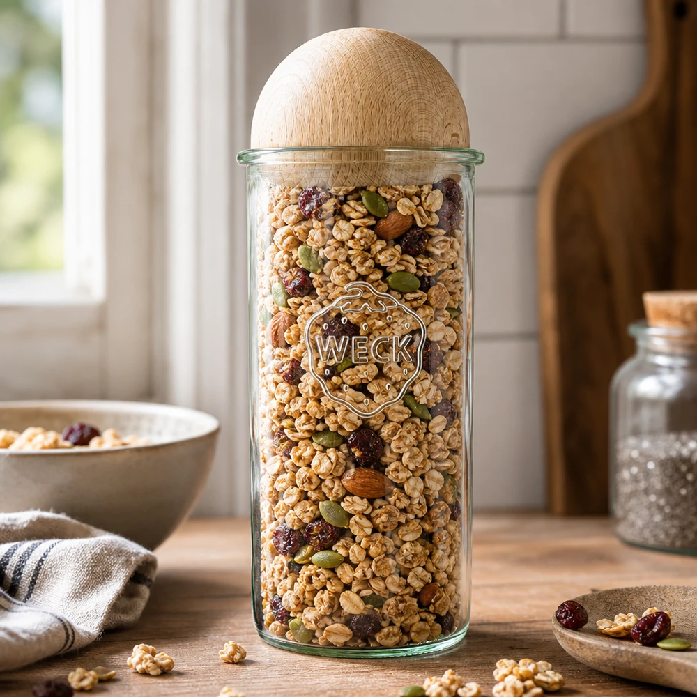 1500ml bocal conique WECK RR100 avec boule en bois en hêtre WECK Bocal à provisions 1500ml rempli de céréales et de noix, couvercle boule en bois en hêtre, ambiance cuisine avec bol