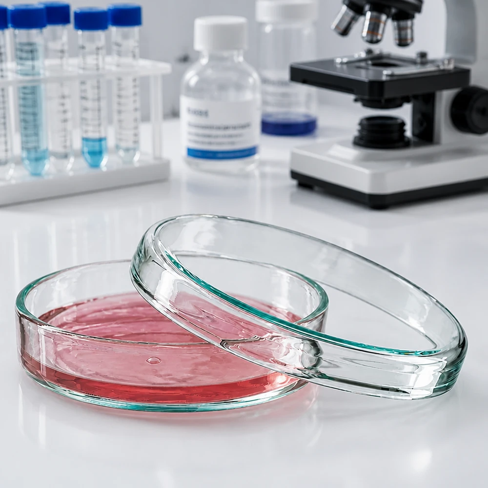 Boîte de Pétri de laboratoire 70 x 15 mm en verre borosilicaté, avec un microscope et des tubes à essai en arrière-plan