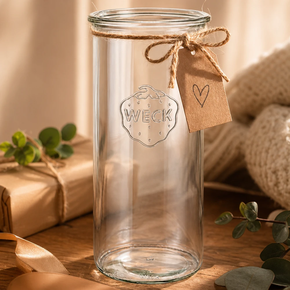 Bocal en verre WECK RR100 de 1 500 ml WECK Verre renversé 1500ml RR100 avec pendentif en forme de cœur et ruban sur table en bois décorée de plantes vertes
