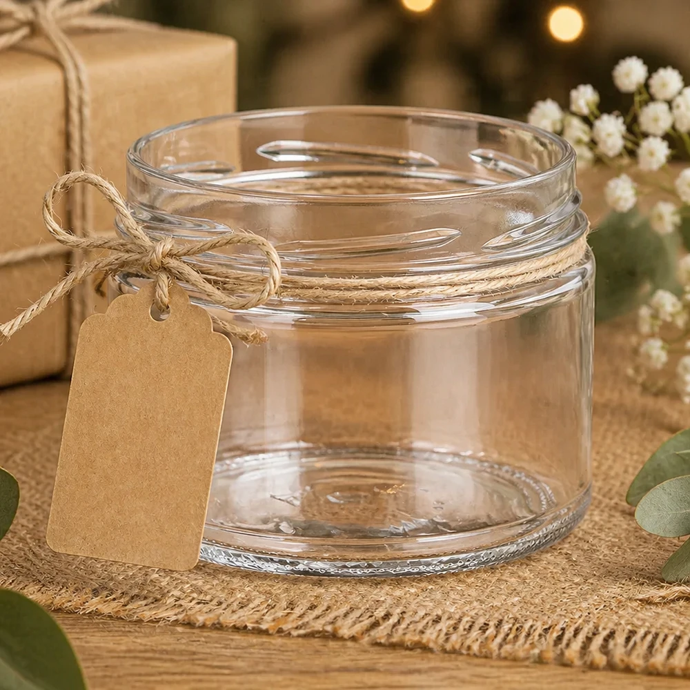 UNiTWIST Runda540 Verre renversé 540ml TO100 avec ruban en raphia et étiquette cadeau décorée sur fond rustique en jute