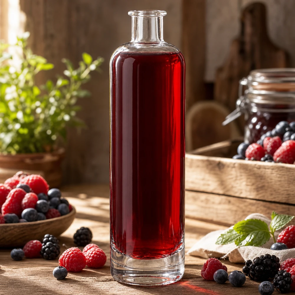 Bouteille en verre de 500 ml Ella UNiTWIST remplie de jus de baies rouges entouré de framboises et de myrtilles fraîches