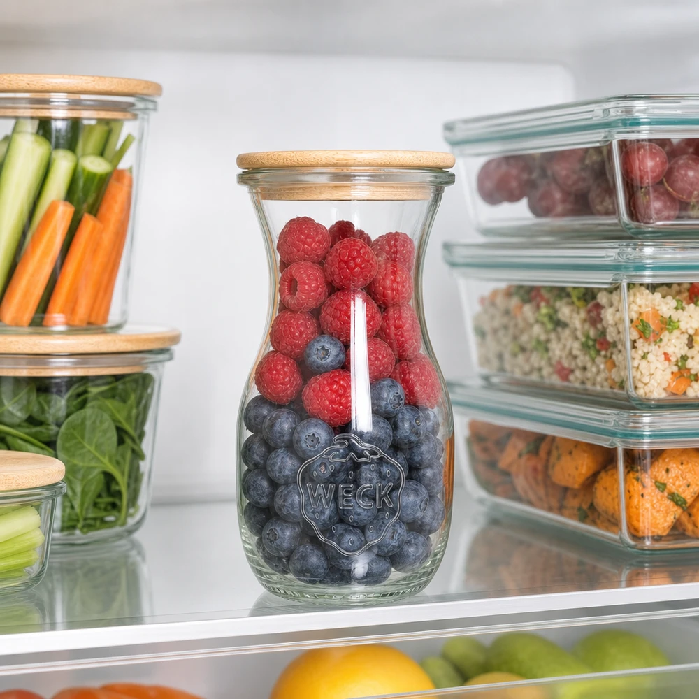 290ml Bouteille à jus de fruits WECK RR60 avec couvercle en bois WECK Bouteille de jus 290ml avec couvercle en bois dans le réfrigérateur entre les récipients Meal-Prep avec baies et légumes