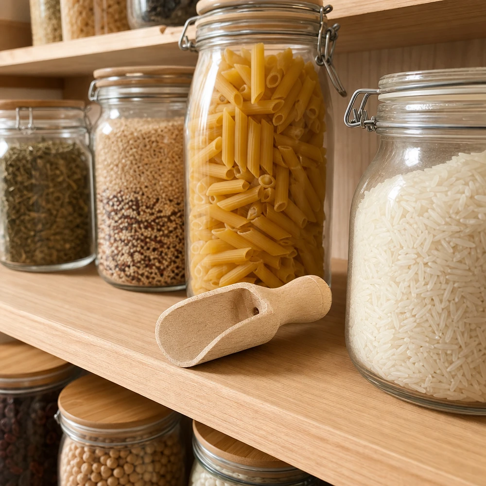 Pelle en bois XS sur une étagère de stockage entre des bocaux de riz, de pâtes et de céréales montre le rapport de taille dans la hotte alimentaire