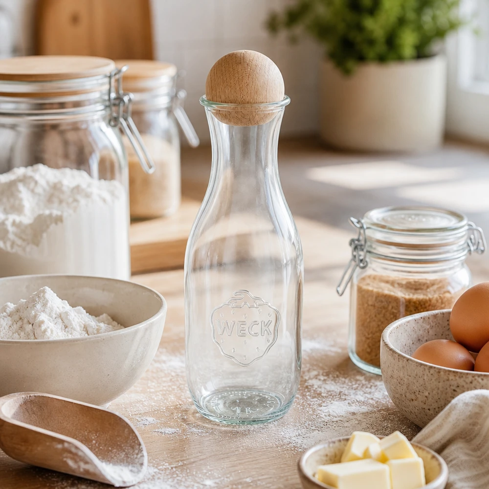 1062ml Bouteille à jus de fruits WECK RR60 avec boule en bois en hêtre WECK Bouteille de jus 1062ml RR60 avec boule en bois dans la cuisine de boulangerie entre la farine les œufs le beurre et les bocaux sur une planche en bois
