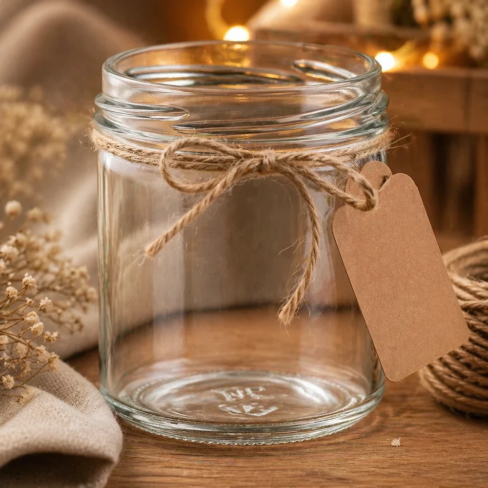 Verre renversé vide UNiTWIST 167ml TO66 avec corde de jute et pendentif sur table en bois décorée de manière rustique