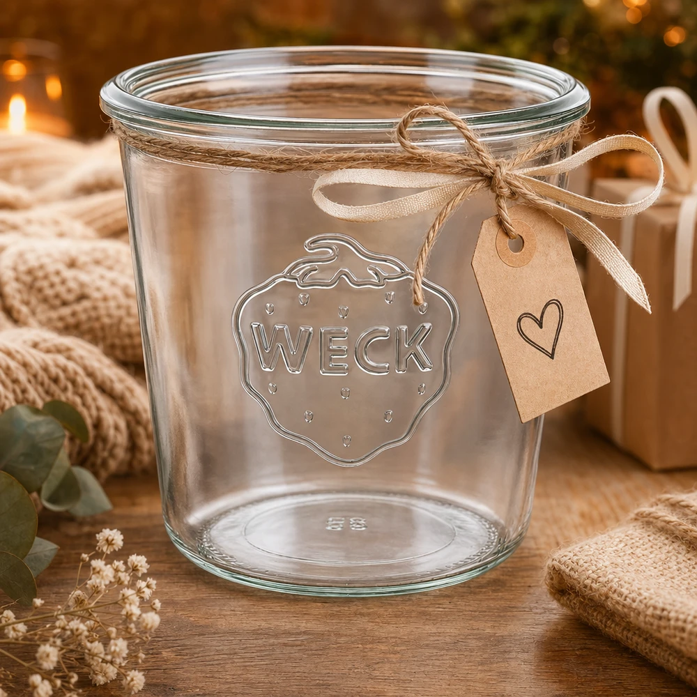 WECK Verre renversé 580ml RR100 en verre avec gaufrage en relief et ruban cadeau décoratif sur table en bois