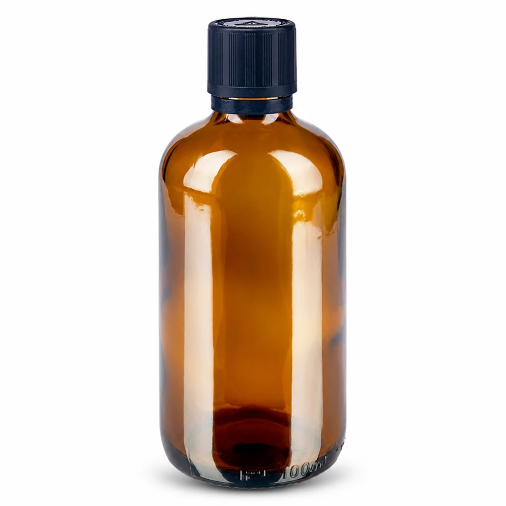 Flacon brun 100 ml avec bouchon compte-gouttes noir 1 mm, sécurité enfant Flacon de pharmacie en verre ambré de 100 ml avec bouchon à vis inviolable noir et bec verseur de 1 mm