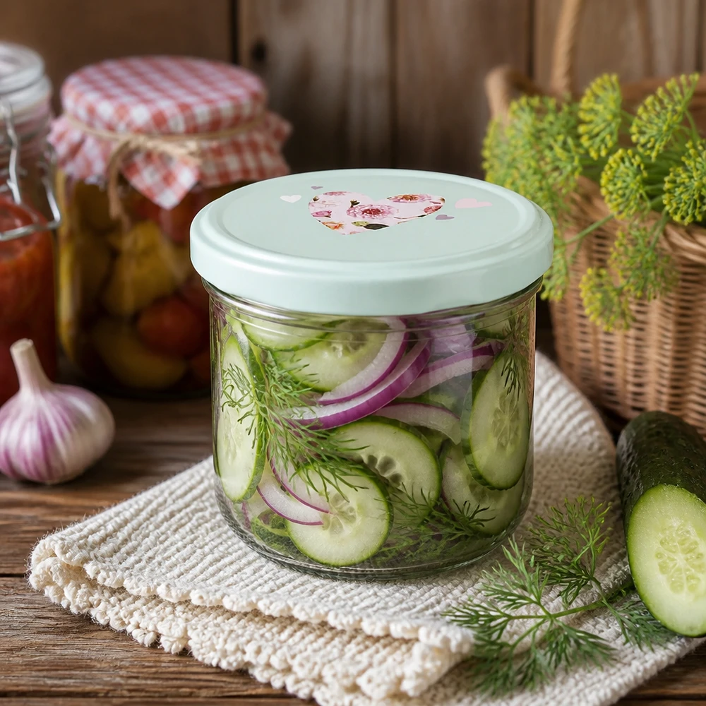 Pots de conserve 260ml avec couvercle BasicSeal pour cornichons marinés, aneth et oignons arrangés dans une cuisine rustique