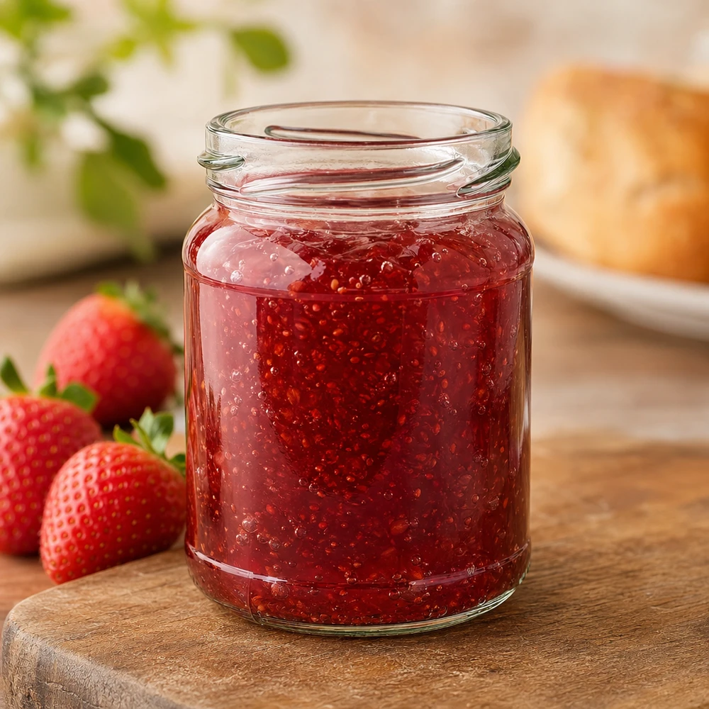 205ml Verre rond sans couvercle (TO58) UNiTWIST UNiTWIST Runda205 Verre rond 205ml TO58 rempli de confiture de fraises rouges à côté de fraises fraîches sur une planche en bois