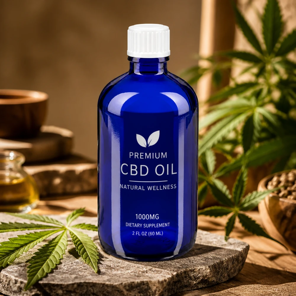 Flacon en verre pharmaceutique bleu foncé d'une contenance de 100 ml avec bouchon à vis blanc – vue de profil