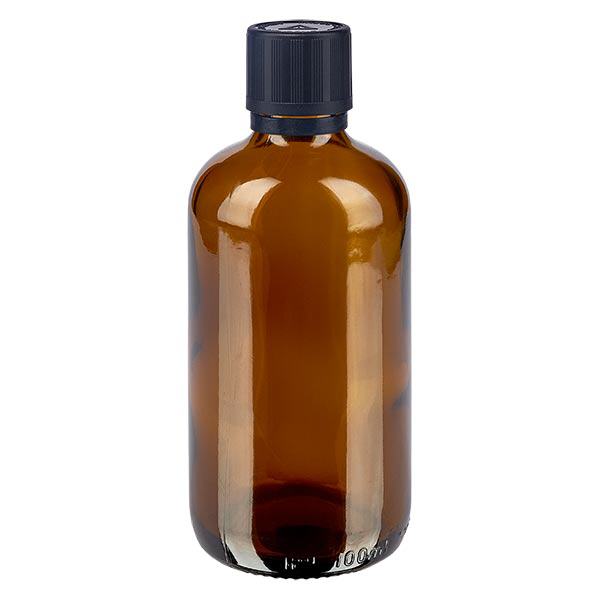 Flacon brun 100 ml avec bouchon compte-gouttes noir 1 mm, sécurité enfant Flacon brun 100 ml avec bouchon compte-gouttes noir 1 mm, sécurité enfant