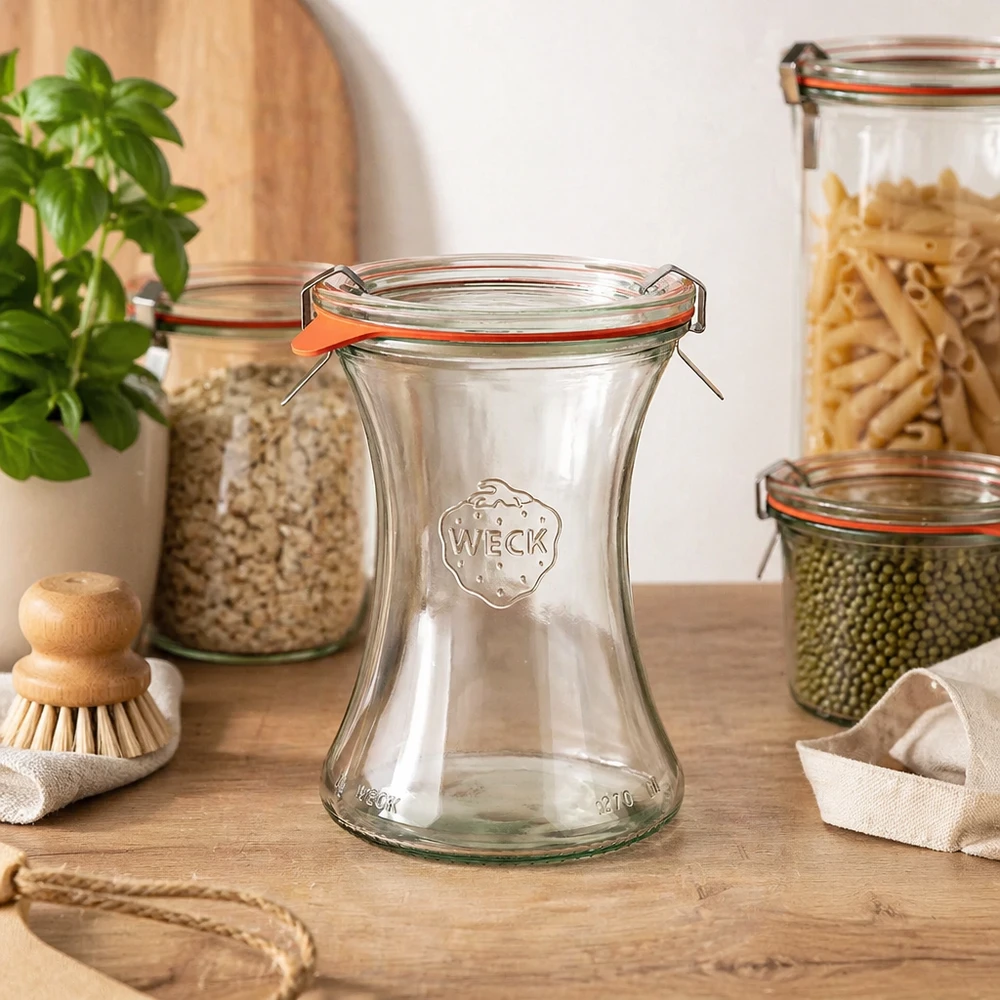WECK Pot de délicatesse 370ml RR80 dans Cuisine de réserve entre les bocaux remplis de pâtes lentilles basilic plante