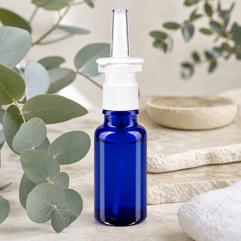 Flacon à pharmacie bleu 20ml vaporisateur nasal blanc standard Flacon en verre compact pour spray nasal, de couleur bleue, muni d'un embout transparent posé sur une pierre naturelle claire