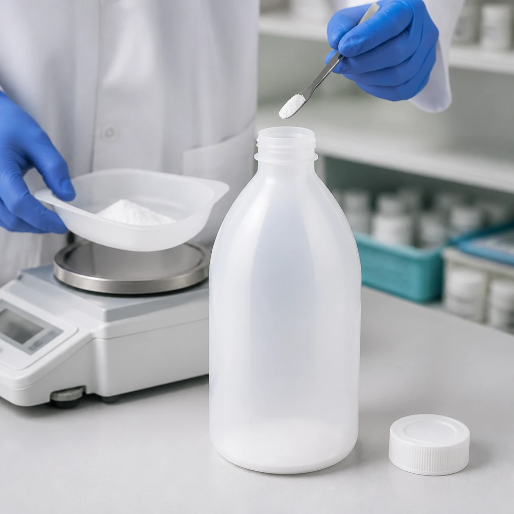 Flacon 1000 ml à col étroit, avec bouchon Chemikalienflasche 1000ml Enghals beim professionellen Abfüllprozess mit Schutzhandschuhen