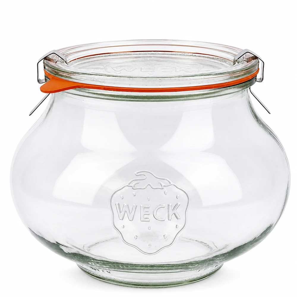 WECK Pot à bijoux 1062ml RR100 avec couvercle en verre Anneau en caoutchouc et pinces Pot à conserves rond ventru