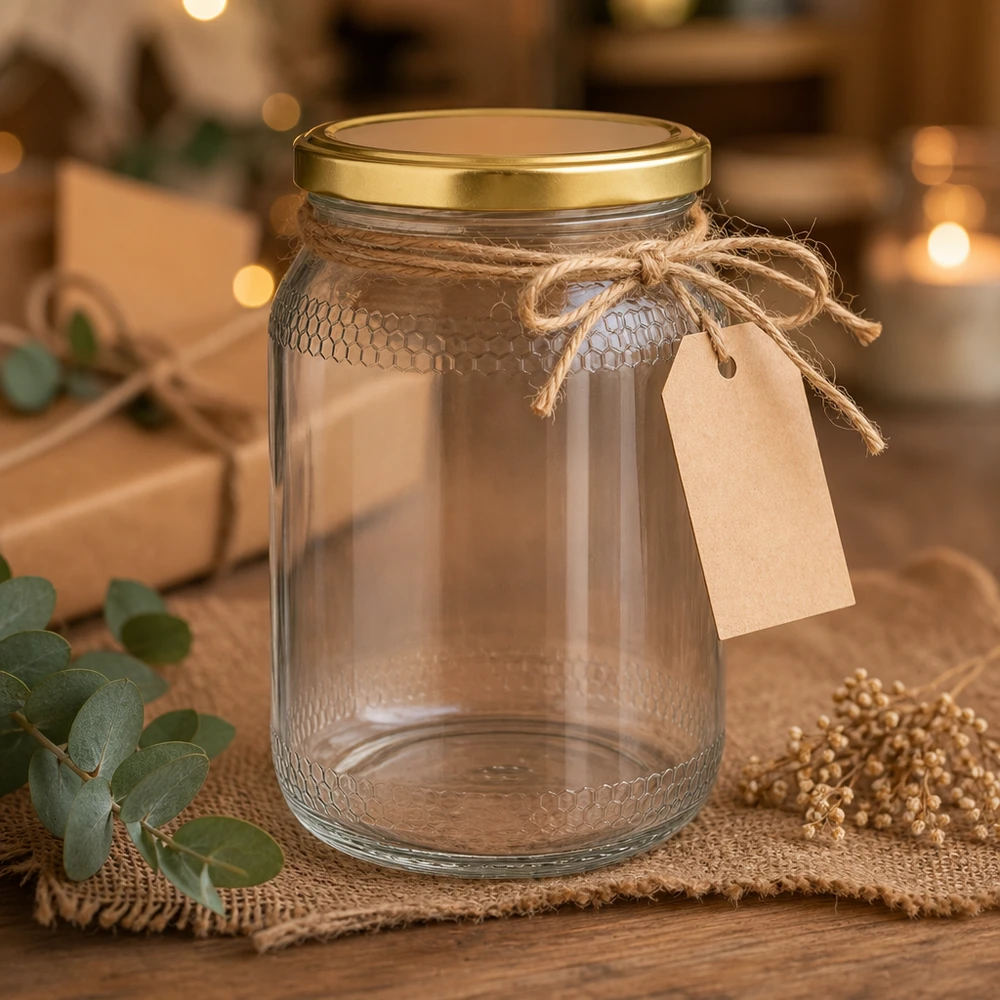 Pot à miel de 900ml vide avec cordon de jute et étiquette - présentation décorative avec couvercle doré UNiTWIST
