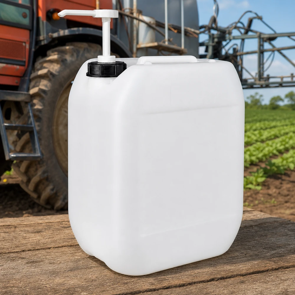 Jerrican agricole robuste de 10 litres muni d'une pompe, posé sur un support en bois dans un cadre rural