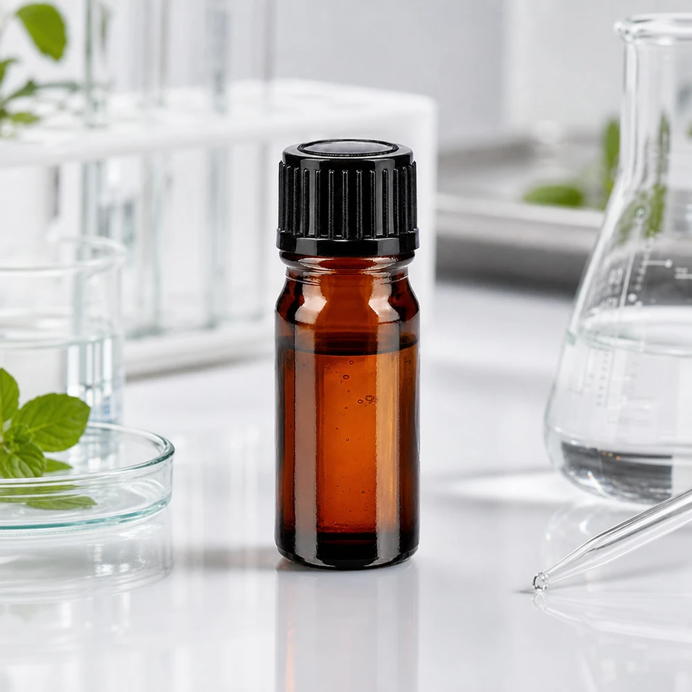 Flacon de pharmacie brun 5ml bouchon vissable noir standard Flacon en verre ambré de 5 ml avec bouchon à vis noir, à côté d'un ballon d'Erlenmeyer et d'une pipette