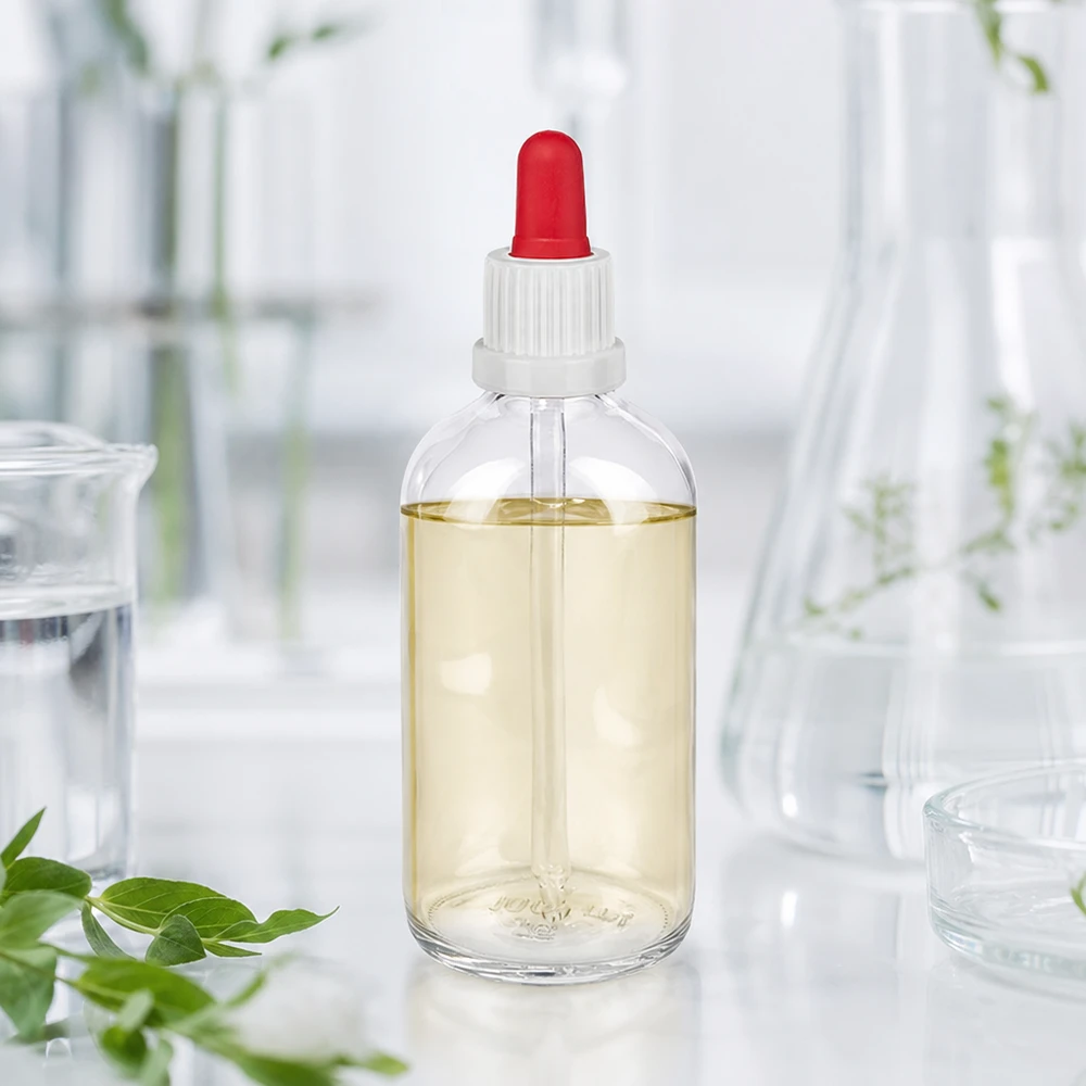 Flacon de laboratoire transparent de 100 ml avec bouchon en silicone rouge et bouchon à pipette blanc ClearLine