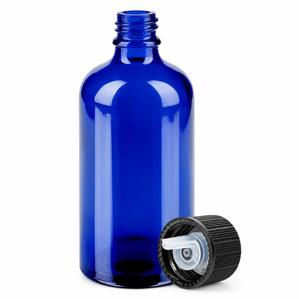 100ml compte-gouttes. 1mm noir STD BlueLine UT18/100 Flacon en verre bleu de 100 ml avec compte-gouttes de 1 mm et bouchon à vis noir pour un dosage précis