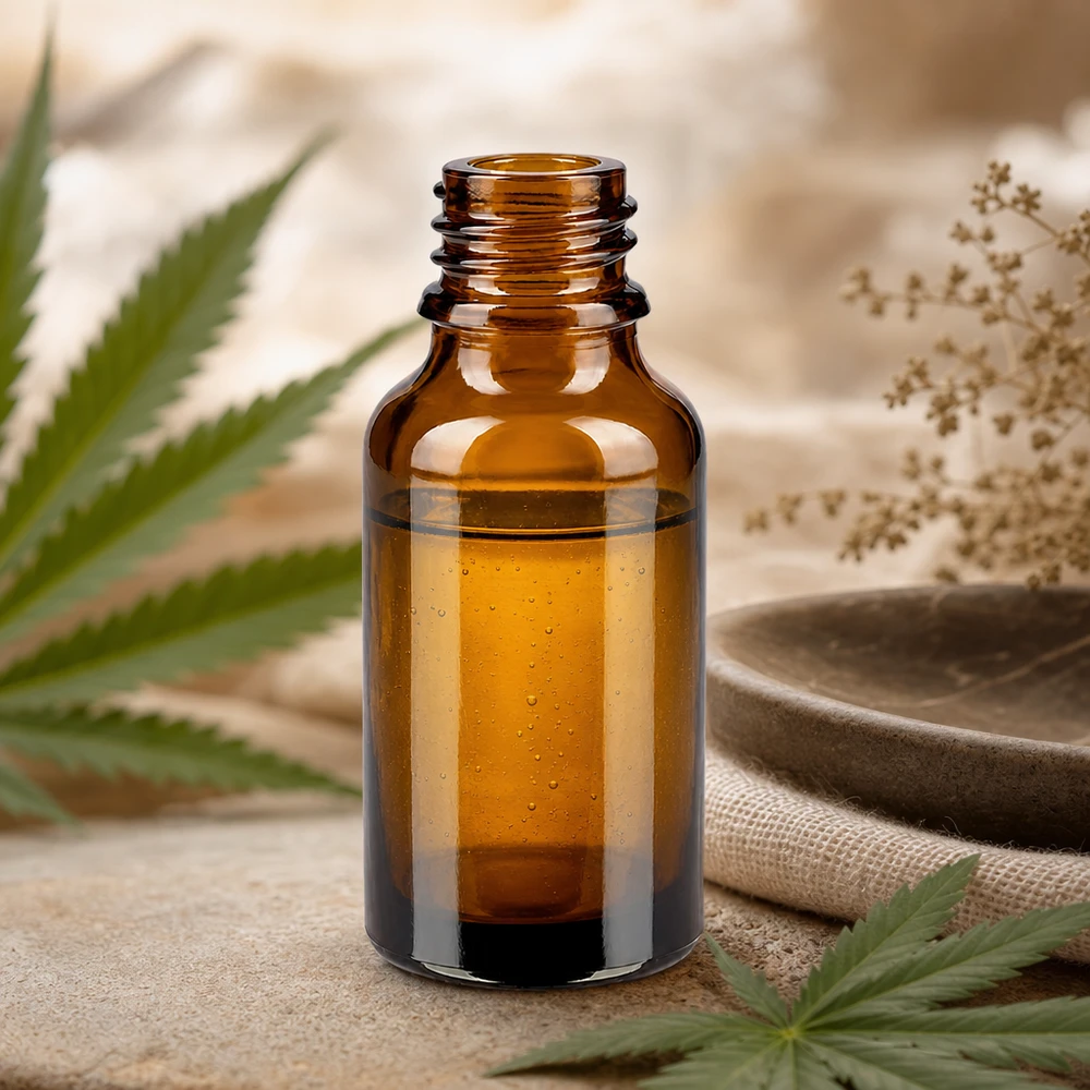 Flacon compte-gouttes 30 ml DIN 18 verre brun forme basse Bouteille de pharmacie ApoGlas brune de 30 ml avec liquide doré à côté de feuilles de cannabis et d'herbes séchées