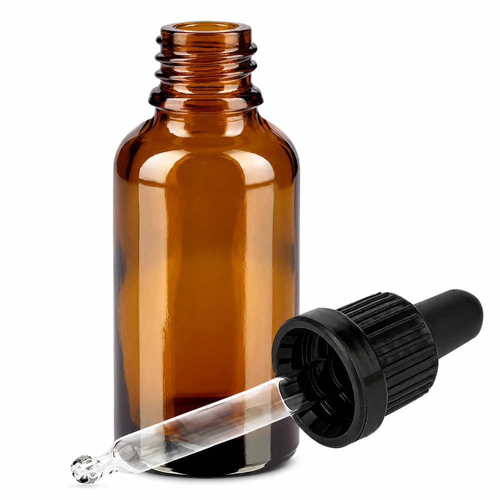 Flacon à pipette 30ml noir OV BrownLine UT18/30 Petit flacon à pipette de 30 ml en verre brun anti-lumière avec bouchon compte-gouttes noir