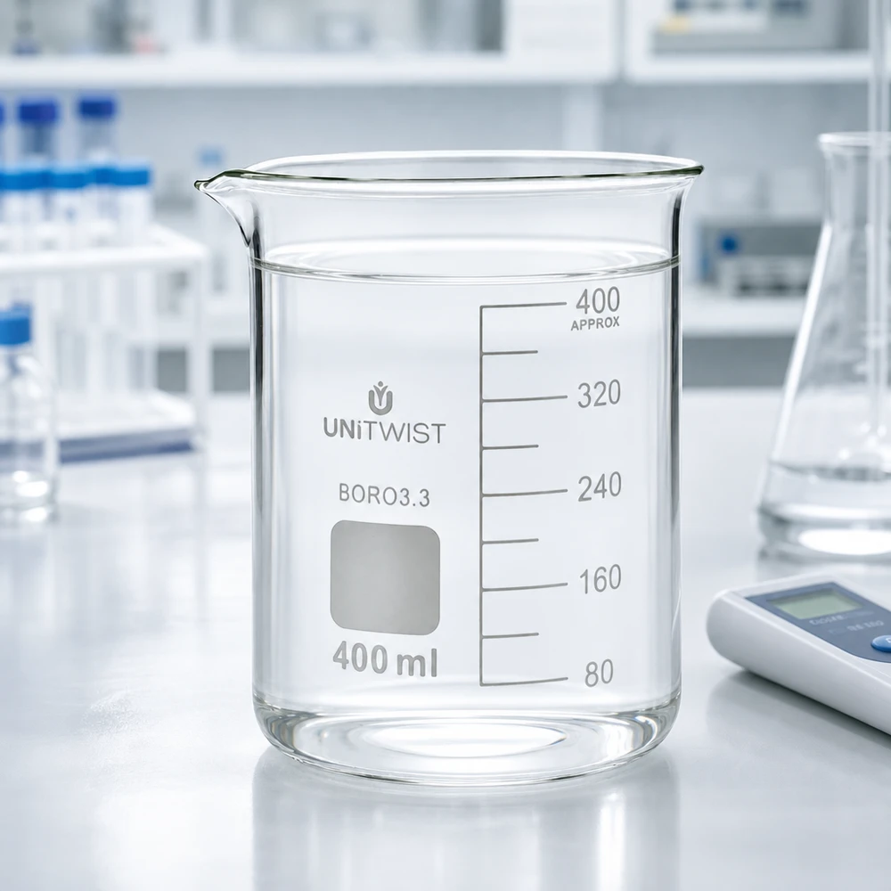 Beker 400ml borosilicaat, lage vorm UNiTWIST UNiTWIST, verre à mesure de 400 ml, forme basse, avec échelle graduée en ml gravée et emplacement carré pour l'étiquette