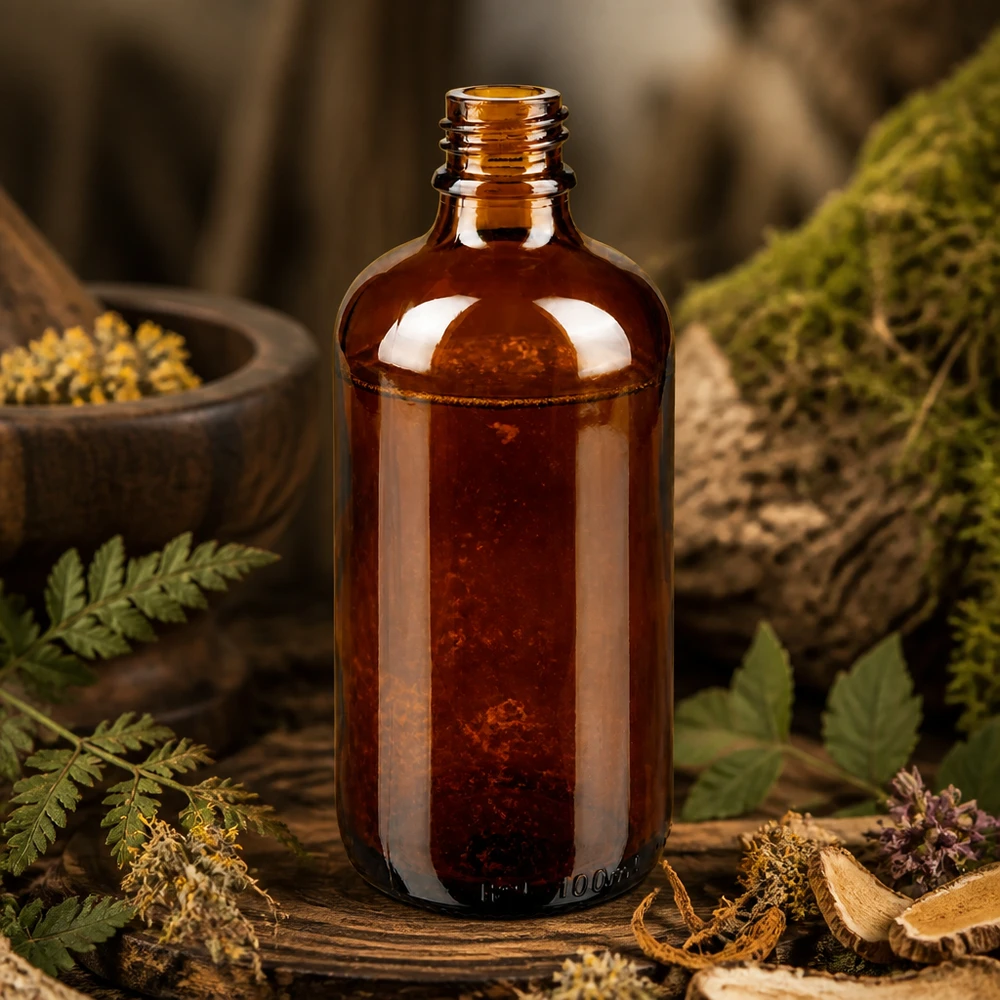 Bouteille de pharmacie brune de 100 ml ApoGlas avec fougère, champignons et herbes dans un environnement naturel de pharmacie forestière